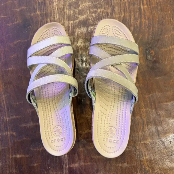 Women’s Crocs A-Leigh Leather Upper Cork Platform Wedge Slide On Sandals Size 8 - Picture 3 of 7